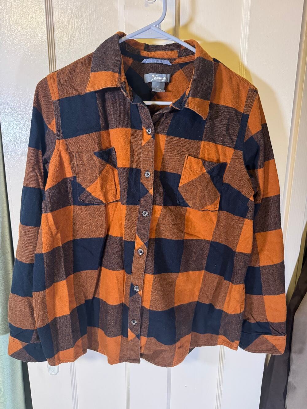 Natural Reflections Women's L Flannel Shirt Burnt Orange Navy Plaid Cotton